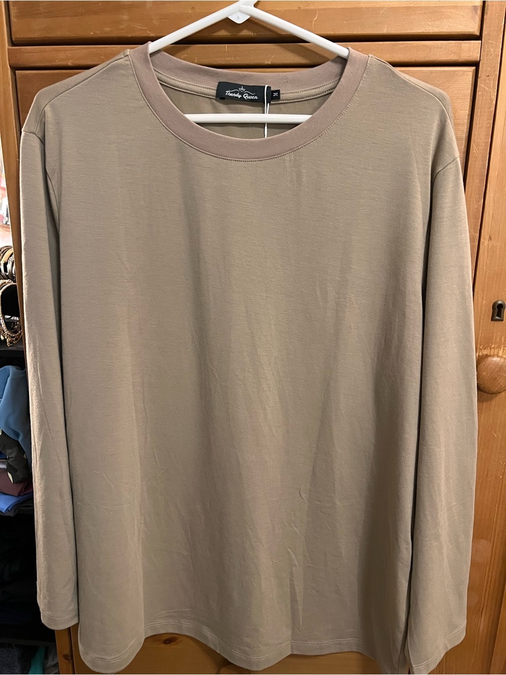 Trendy Queen Long Sleeve Crewneck Tee in Taupe